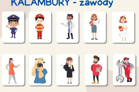 Karty z zawodami do gry w kalambury: policjant, strażak, lekarz, nauczycielka, pielęgniarka, sprzedawczyni, fotografka, prawniczka, programista, mechanik.