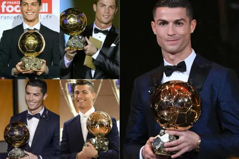 Cristiano Ronaldo z Złotą Piłką w różnych momentach kariery.