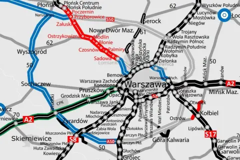 Mapa pokazuje przebieg autostrady A50, zaznaczonej na czerwono, od Poczernina przez Nowy Dwór Mazowiecki do Kołbieli.
