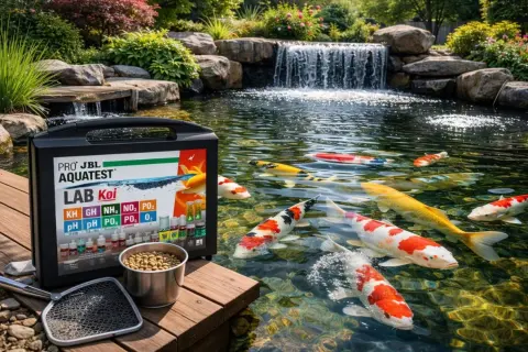 Un kit de test JBL pour bassin de carpes koï, montrant qu'est-ce que les nitrites (NO2) et d'autres paramètres essentiels pour une eau saine.