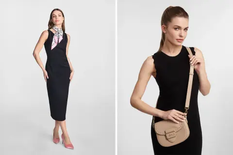 Elegancka czarna sukienka z beżowymi butami i torebką. Idealny zestaw na wieczorne wyjście.