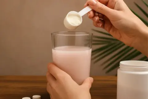 Une main verse une poudre dans un verre de liquide rose. Le collagène marin dangers : une préoccupation pour certains.