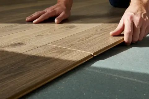 Hands demonstrate how to lay laminate flooring in a hallway, clicking planks together for a seamless finish.