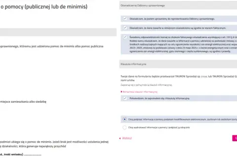 Formularz informacji o pomocy de minimis, dane identyfikacyjne odbiorcy, oświadczenia i klauzula informacyjna.