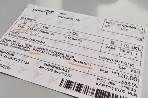 Bilet PKP z Gdańska do Opola, ważny 24.04. Jak zaksięgować bilet PKP? Cena 110 zł.