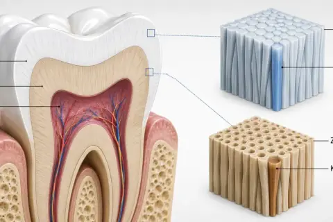 Przekrój zęba z widoczną miazgą, zębiną i szkliwem. Powiększony fragment szkliwa pokazuje pryzmaty, a zębiny – kanaliki. Uszkodzone szkliwo może prowadzić do problemów.
