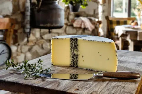 Un morceau de morbier fromage, avec sa raie de cendre caractéristique, est prêt à être dégusté sur une planche en bois, accompagné d'une branche de thym et d'un couteau.
