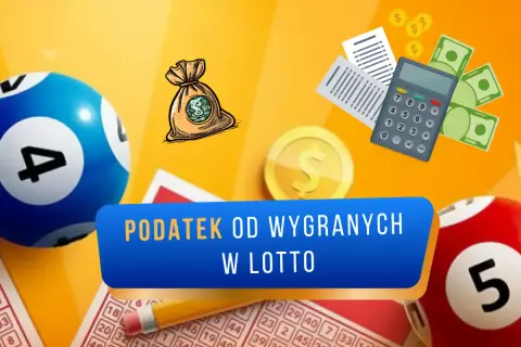 Kule do lotto, worek z pieniędzmi, kalkulator i rachunki. Temat: podatek od wygranej w lotto.
