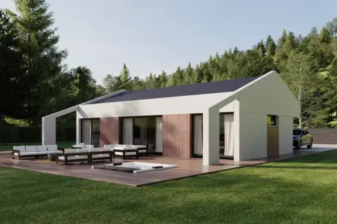 Moderna casa con cubierta a dos aguas, terraza con jacuzzi y muebles de exterior, rodeada de un jardín y un bosque.