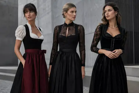 Drei Frauen in eleganten Dirndln. Das schwarze Dirndl mit Spitzenärmeln und dezentem Muster steht für moderne Eleganz.