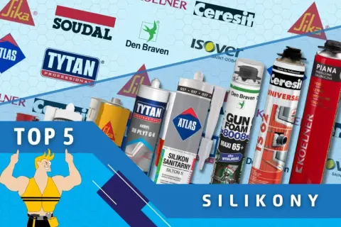 Różne rodzaje silikonów i pianek montażowych na tle logo producentów.