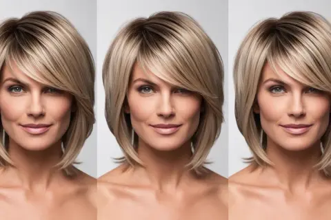 Trzy identyczne portrety kobiet z blond włosami i asymetryczną grzywką. Różne rodzaje grzywek mogą odmienić wygląd.