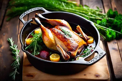 Un plat appétissant de cuisse de canard rôtie, baignant dans sa sauce, garni de citrons, d'oignons rouges et d'herbes fraîches.