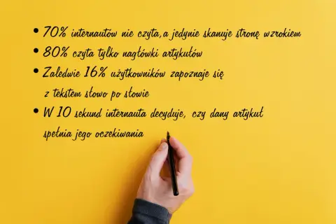 Jak pisać teksty, by przyciągnąć uwagę? 70% internautów skanuje, 80% czyta nagłówki. Tylko 16% czyta słowo po słowie. Decyzja zapada w 10 sekund.