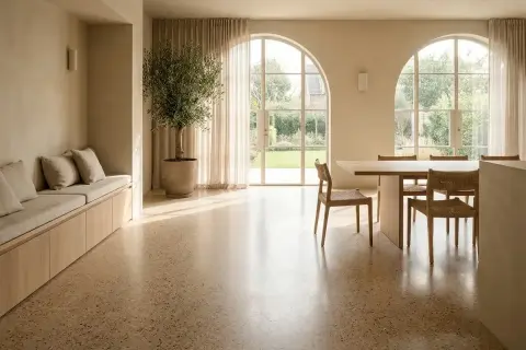 Luminoso soggiorno con pavimento in pastellone veneziano, divanetto imbottito, ulivo in vaso e ampie finestre ad arco che si affacciano sul giardino.
