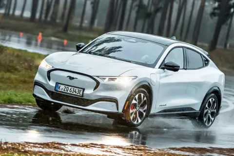 Biały Mustang Mach-E pokonuje kałuże na mokrej drodze, otoczony lasem.