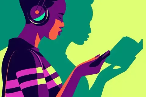 Une femme écoute le meilleur livre audio Spotify avec des écouteurs, son ombre lit un livre.