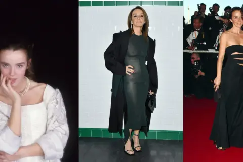 Philippine Leroy-Beaulieu en tres looks: juvenil con perlas, elegante con vestido verde y abrigo, y glamurosa con vestido negro en alfombra roja.