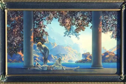 A painting of two figures in a classical setting, bathed in the soft light of daybreak. Mountains and water form a serene backdrop.