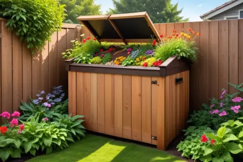 En vacker, sluten kompost i trä, omgiven av blommor och grönska. Den är öppen och visar en färgsprakande blandning av växter.