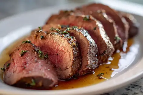 Skivat renskav med örter och sås på en vit tallrik. Perfekt för ett snabbt renskav recept.