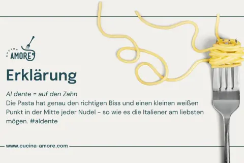 So wie koche ich nudeln? Al dente bedeutet "auf den Zahn". Perfekte Pasta hat Biss, wie auf dem Bild mit der Gabel gezeigt.
