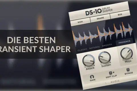 DS-10 Drum Shaper, ein transient shaper Plugin, mit Wellenformen und Reglern für Attack, Sustain und Mojo.