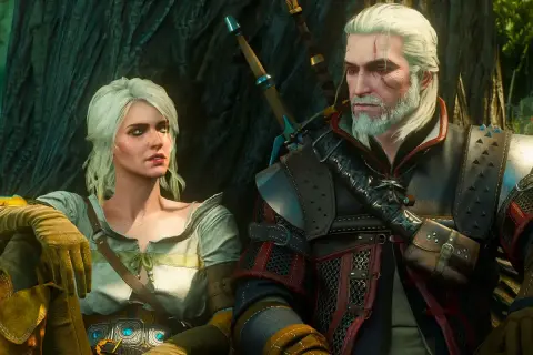 Geralt i Ciri, bohaterowie gry fabularnej dla 2 osób, siedzą obok siebie w lesie.