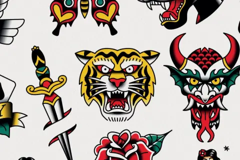 Un tigre rugiente, una rosa, un puñal y un demonio son parte de este diseño de tatuaje estilo old school, con un toque de tatuaje romania.