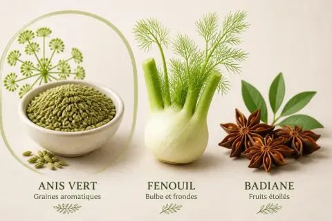 Anis vert, fenouil et badiane : des épices aux arômes subtils. Le fenouil, avec ses frondes aériennes, complète les graines d'anis vert et les fruits étoilés de la badiane.