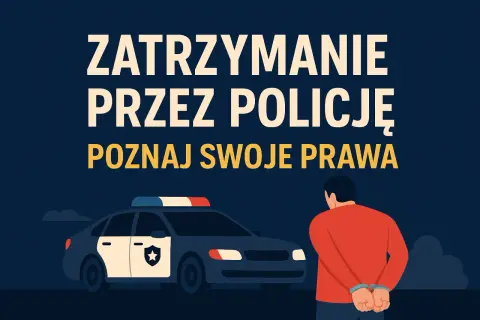 Zatrzymanie przez policję. Mężczyzna w kajdankach stoi przed radiowozem. Poznaj swoje prawa.