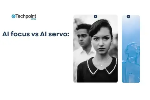 Comparaison entre AI focus et AI servo : un portrait noir et blanc d'une jeune femme et d'un homme, à côté d'une sculpture bleue abstraite.