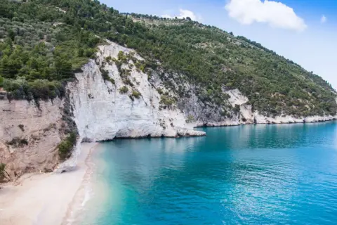 Spiaggia di Vignanotica, con scogliere bianche a picco sul mare turchese e una collina verdeggiante.