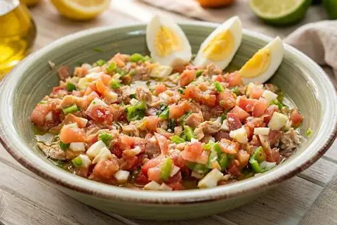 Un refrescante plato de pipirrana andaluza, con tomate, pimiento, huevo duro y atún, listo para disfrutar.