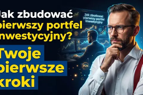 Mężczyzna w okularach zastanawia się nad budową swojego pierwszego portfela inwestycyjnego. Na ekranach w tle wykresy i symbole walut.