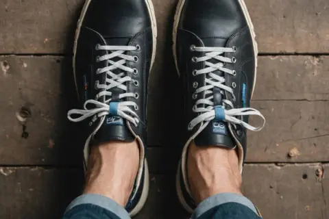 Ciemne, sznurowane buty na drewnianej podłodze. Wyglądają na **za ciasne buty**, co pewnie powoduje **ból palców**.