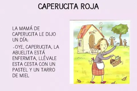 Ilustración de Caperucita Roja. Su mamá le pide que lleve pastel y miel a su abuelita enferma.