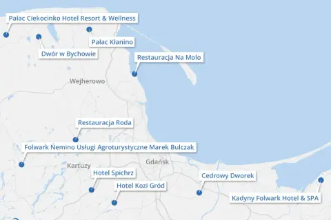 Mapa pokazuje atrakcje turystyczne i miejscowości blisko Trójmiasta, takie jak Pałac Ciekocinko, Dwór w Bychowie i Folwark Neminino.