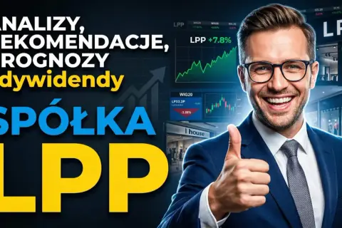 Analizy, prognozy i dywidendy spółki LPP. Uśmiechnięty mężczyzna pokazuje kciuk w górę na tle wykresów giełdowych i sklepów.