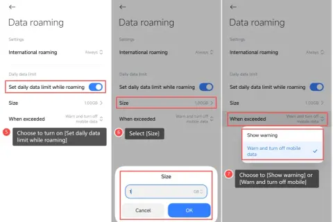 Jak włączyć roaming: włącz limit danych, wybierz rozmiar (np. 1 GB) i zdecyduj, czy chcesz ostrzeżenie, czy wyłączenie danych po przekroczeniu limitu.