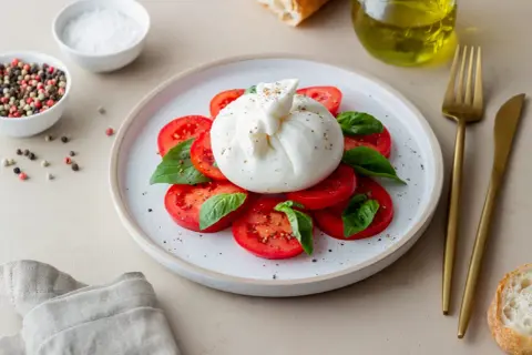 Ein Teller mit Tomatenscheiben, Basilikum und einem frischen Burrata-Käse, der cremig und köstlich aussieht. Was ist Burrata? Ein italienischer Frischkäse, der außen Mozzarella und innen Sahne und Mozzarellafäden enthält.