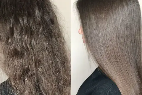 Antes y después: pelo encrespado y sin vida vs. pelo liso y brillante. Descubre cómo quitar el frizz del pelo para un resultado espectacular.
