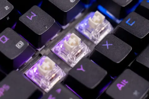 Nahaufnahme von mechanischen Tastenschaltern, die zeigen, was die besten Switches für dein Gaming-Setup sind. Lila Beleuchtung.