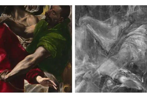 Detalle de una pintura del Greco, mostrando figuras dramáticas y ropajes vibrantes junto a una imagen de rayos X que revela la estructura subyacente.