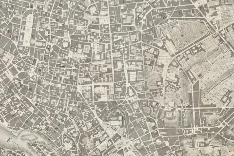 Stara mapa Rzymu, szczegółowy plan miasta z zaznaczonymi ulicami, placami i budynkami. Widać tu m.in. Piazza Navona i Palazzo Venezia. To cenne źródło do badań nad mpzp.