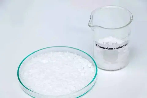 Plaque de Pétri remplie de carbonate d'ammonium blanc et un bécher gradué de 100 mL étiqueté "Ammonium carbonate".