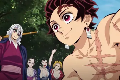 Tanjiro und Tengen lächeln fröhlich, während sie sich auf die nächste Staffel von Demon Slayer vorbereiten.