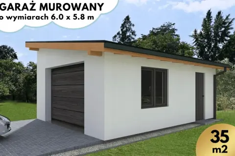 Nowoczesny garaż murowany, projekt 6x5.8m, z bramą segmentową i oknem. Idealny na 35m2.