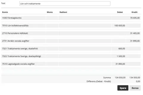 En tabell visar bokföringsposter för enskild firma, inklusive lön och traktamente.