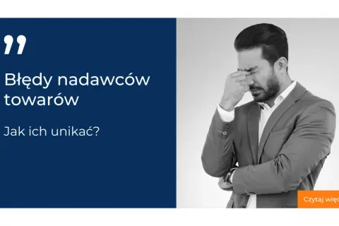Mężczyzna w garniturze z bólem głowy, tekst: Błędy nadawców towarów. Jak ich unikać? OWP.